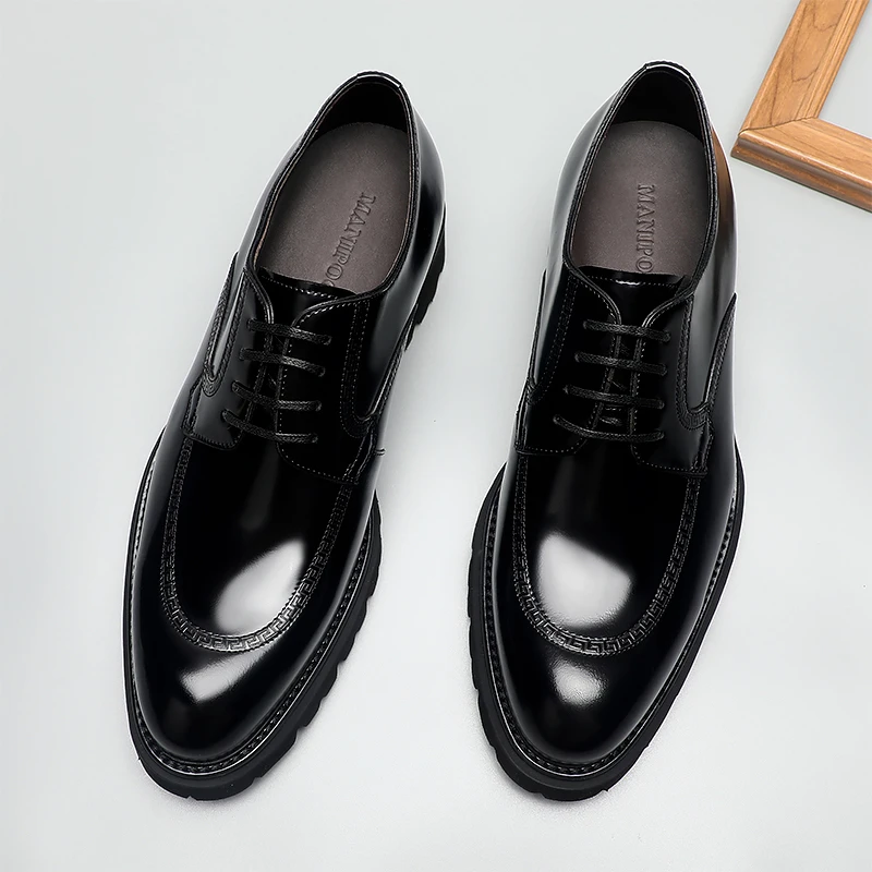 英伦风男士皮鞋潮流商务休闲男鞋增高年轻亮皮德比鞋真皮婚鞋厚底