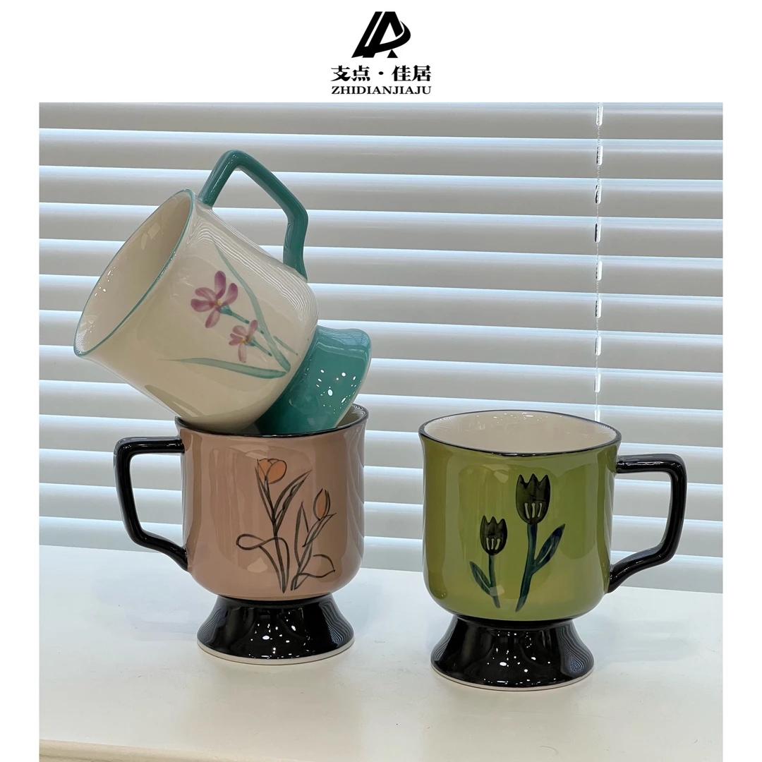 【支点佳居】中古风手绘马克杯复古花卉杯大手柄