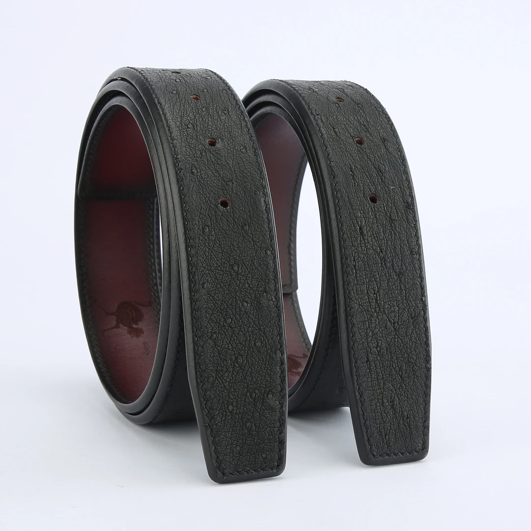 名迪优创无夹层高档南非鸵鸟皮红底男士皮带双面裤腰带打孔皮带身