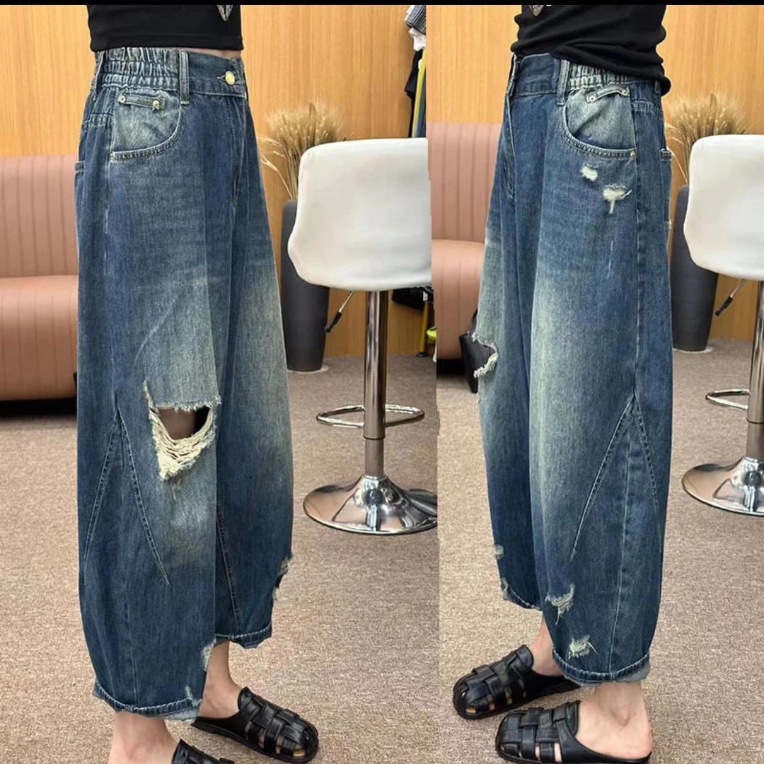 欧货早秋款宽松百搭破洞老爹哈伦显瘦水洗休闲九分破洞牛仔裤