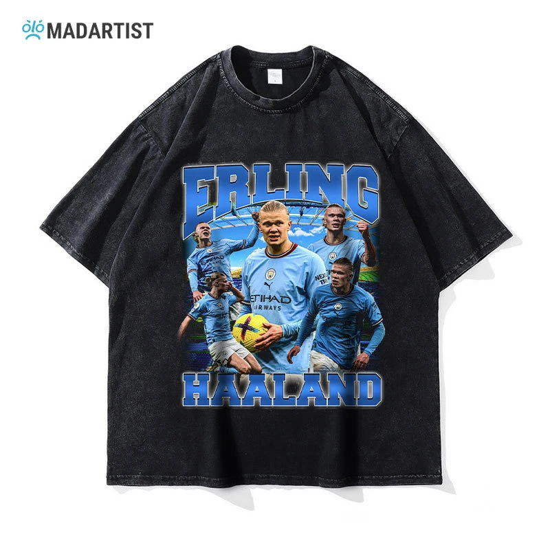 哈兰德t恤足球球星Erling Haaland水洗做旧美式复古短袖潮牌半袖