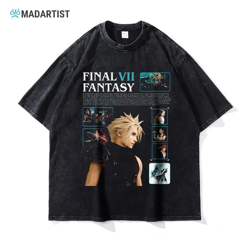 克劳德t恤PC游戏最终幻想Cloud水洗做旧短袖美式复古印花半袖潮牌