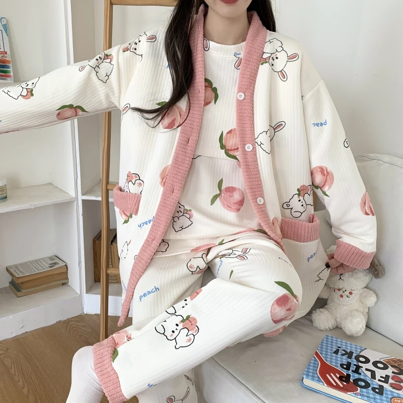 秋冬款月子服产后产妇孕妇哺乳睡衣加厚三件套空气棉孕期专用冬季