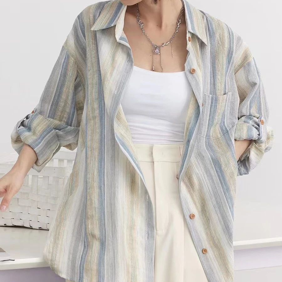 2023春夏季新款防晒衫长袖撞色竖条纹衬衫女复古宽松显瘦衬衣外套