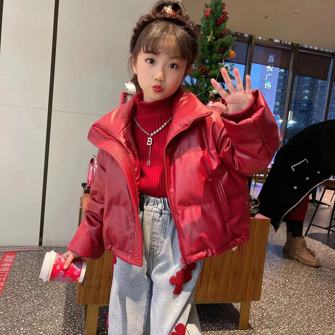 女童PU羽绒服白鸭绒2023冬装新款网红皮衣摩登韩系短款羽绒服