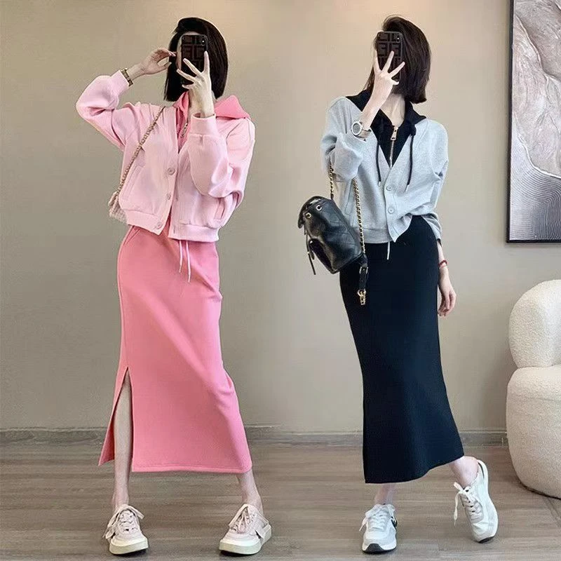 网红微胖mm时尚休闲套装女款春秋季大码显瘦洋气卫衣半身裙两件套