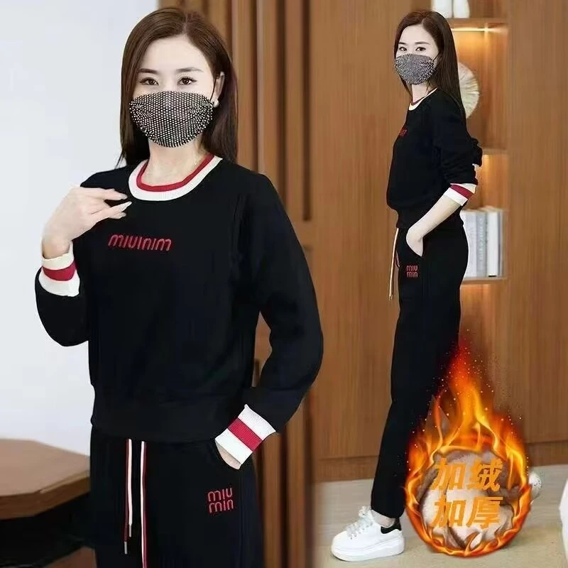 200斤胖mm休闲套装女士秋冬加绒加厚大码显瘦遮肉洋气妈妈运动服