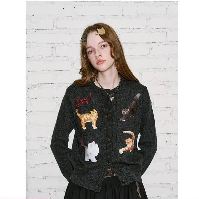 DIDDI MODA 趣味小猫印花针织开衫