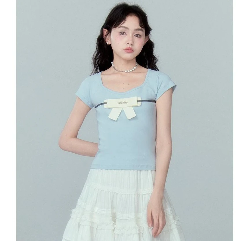 DIDDI MODA 【官方正品】蝴蝶结短袖修身T恤 k6343