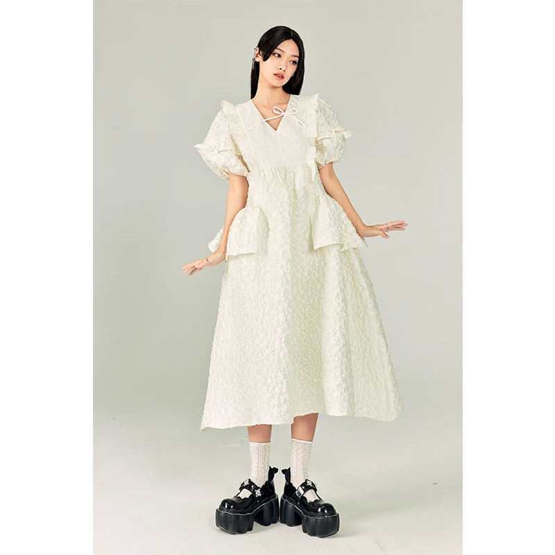 DIDDI MODA【官方正品】夏季甜美花朵暗纹设计泡泡袖连衣裙K6043