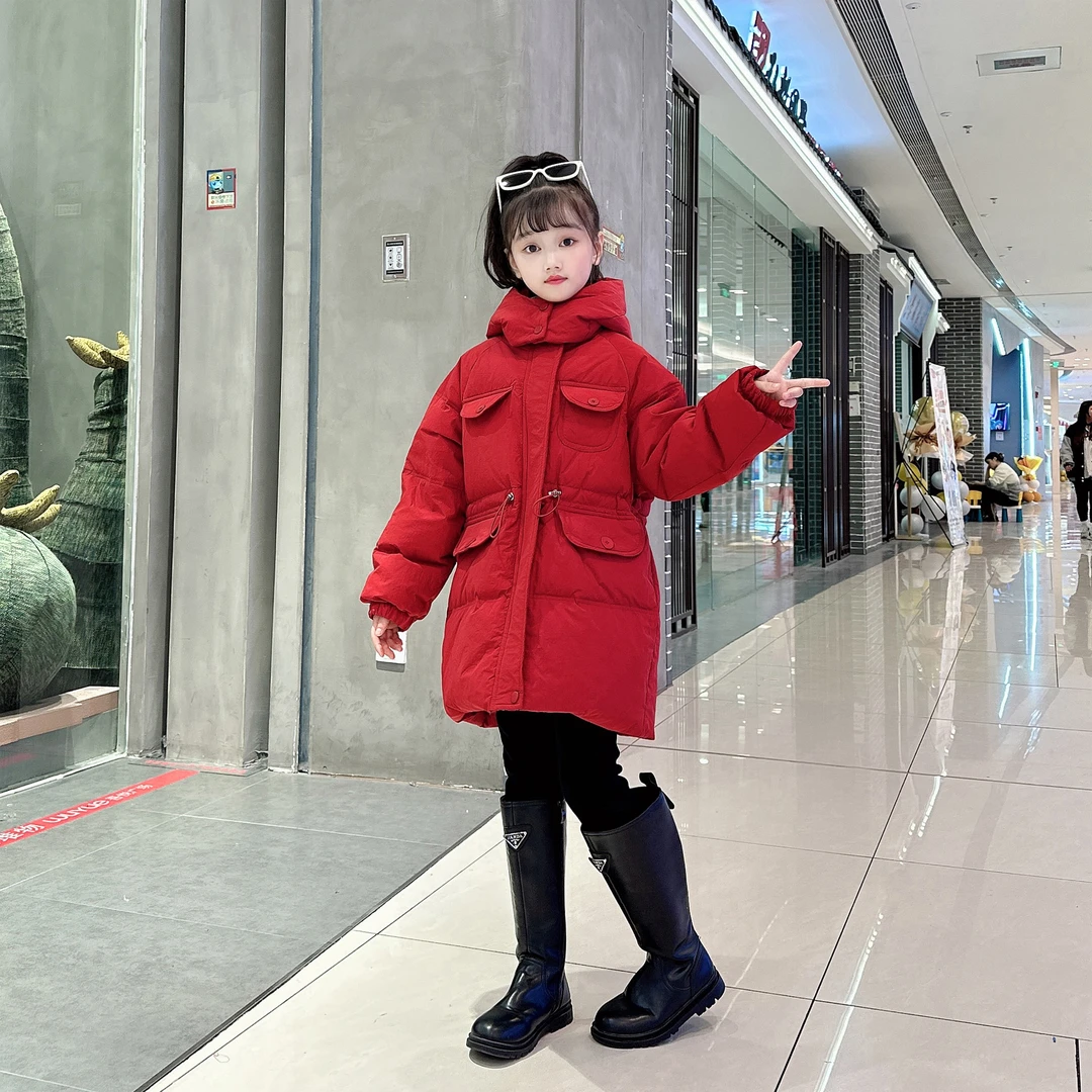 女童红色棉服冬季2024新款中长款洋气加厚拜年服儿童冬装新年服潮