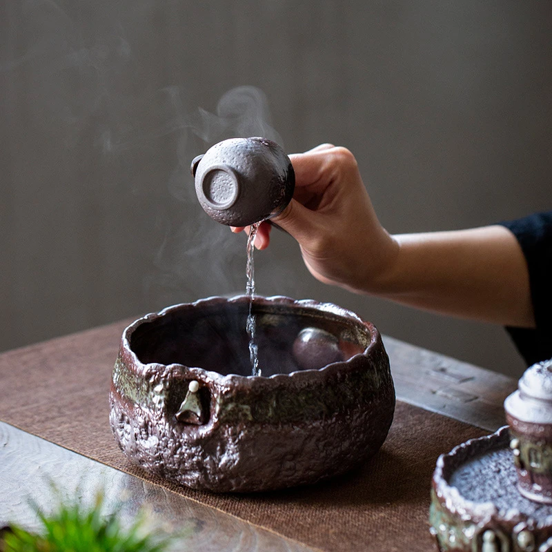 中式复古粗陶大号敦煌佛窟火痕釉家用杯洗茶道配件简约纯手工陶瓷