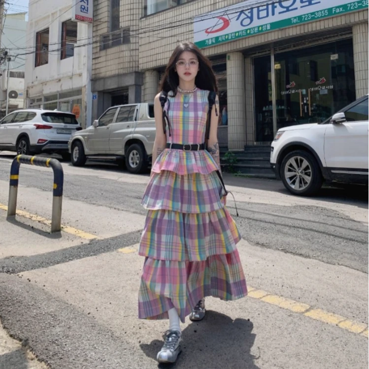 小众设计感温柔气质连衣裙甜美彩虹格子蛋糕裙马卡龙盛宴蓬蓬裙