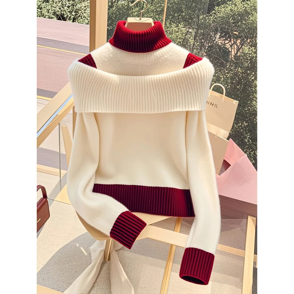 2025冬季小众别致设计气质高级杏色拼接毛衣百搭减龄撞色爆款上衣