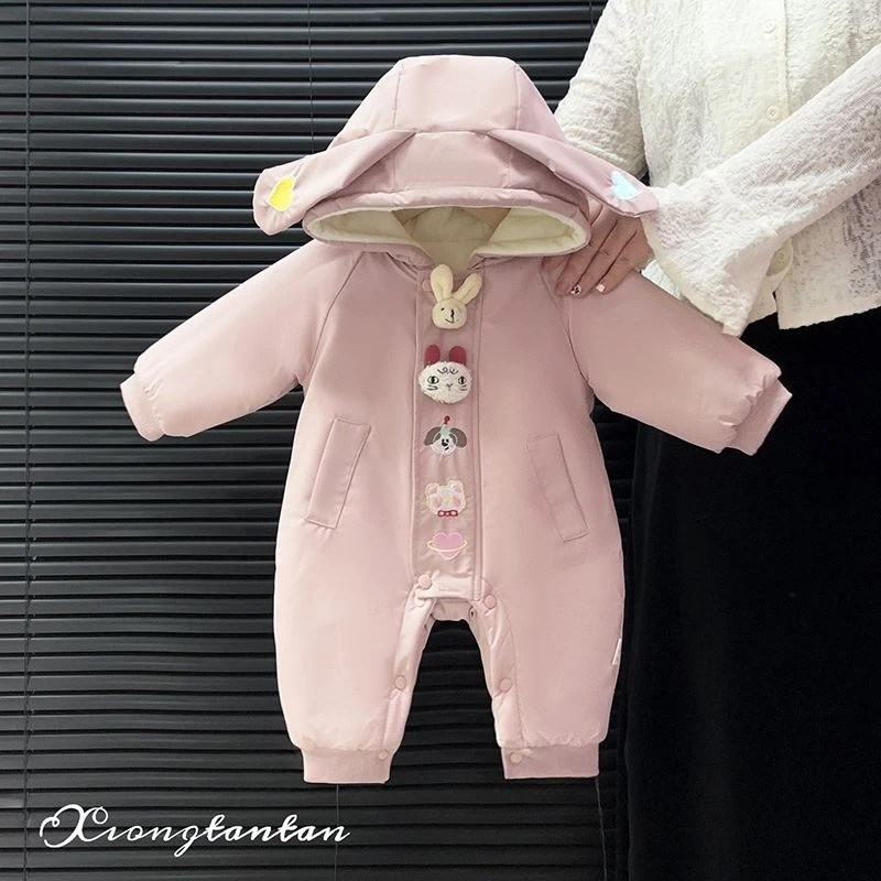 婴儿衣服宝宝冬季连体衣夹棉加厚外出棉衣满月百天爬爬服可爱衣服