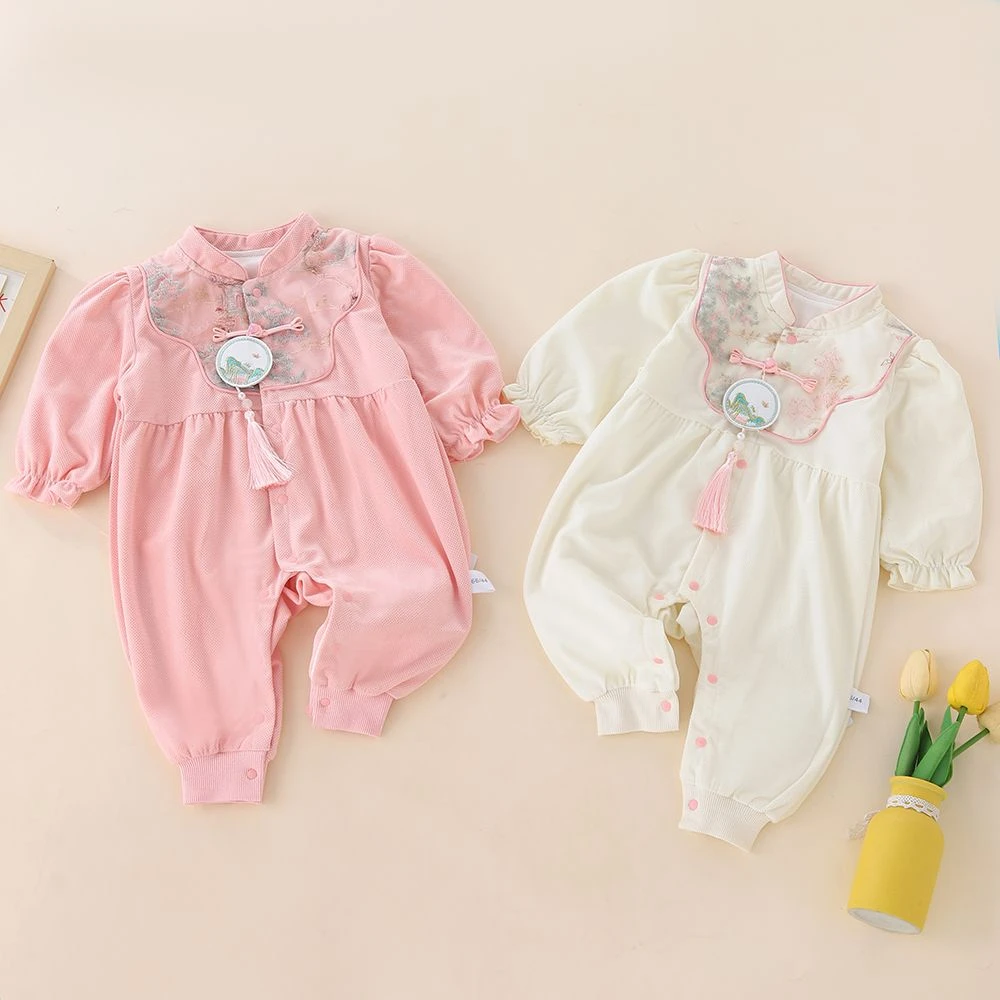 宝宝连体衣春秋中式婴儿衣服礼服哈衣新生儿爬服百天公主满月外出