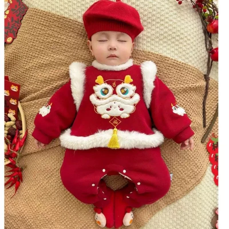 婴儿拜年服加绒连体衣宝宝龙年喜庆新年服假两件龙年过年加厚爬服