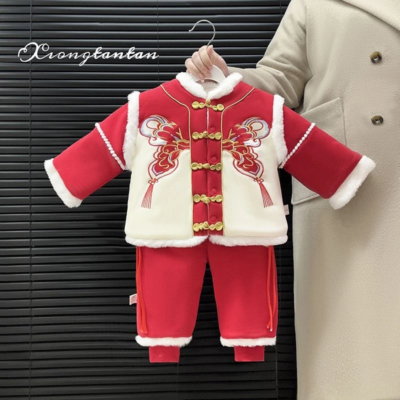 女童套装冬装儿童中国风喜庆唐装汉服宝宝周岁礼服抓周冬季两件套