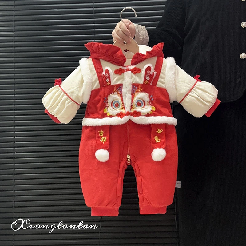 宝宝连体衣冬季加厚婴儿新年衣服满月喜庆拜年百天周岁过年哈衣