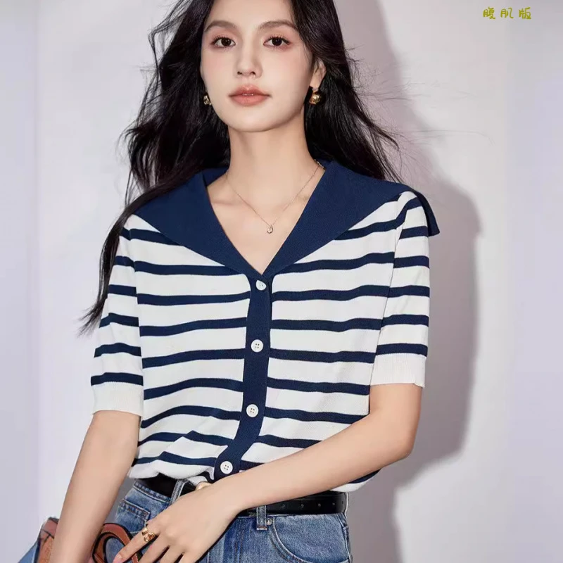 G9100文艺条纹POLO领针织衫女夏薄款宽松单排扣三分袖冰丝海魂衫