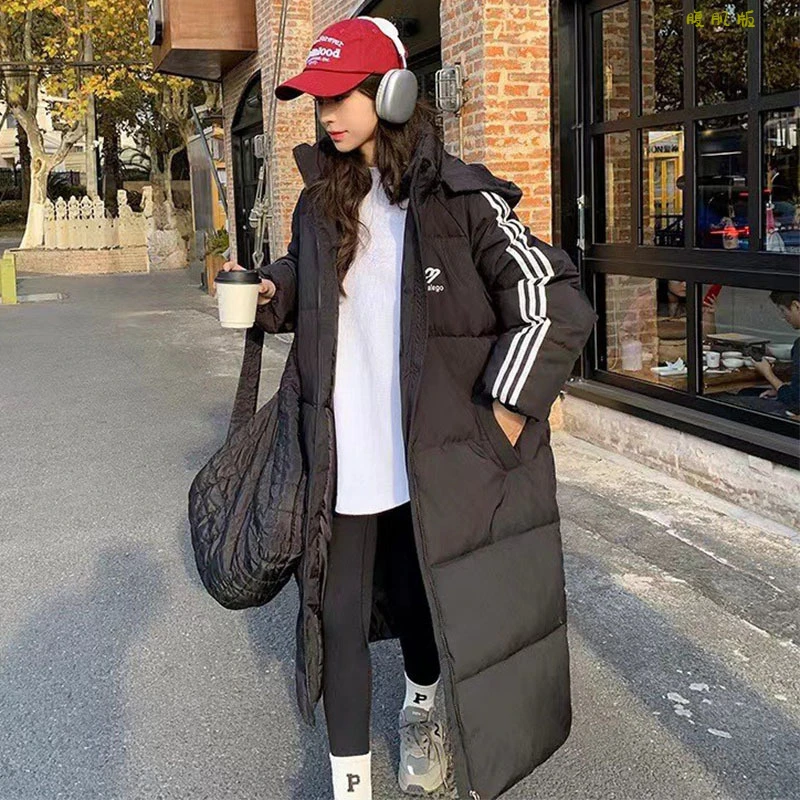 E8091女款潮流街头长款棉衣连帽插肩袖宽松型外套2024冬新款涤纶
