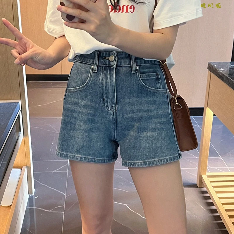 X8878高腰直筒长裤女夏2024新款黑色休闲风复合牛仔薄款微弹热裤