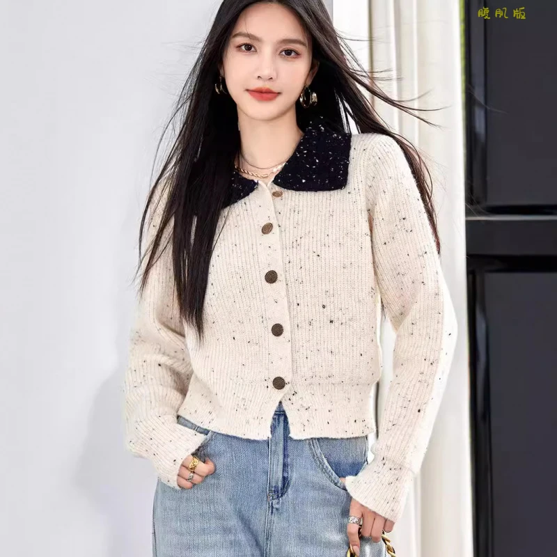 G0040秋季新款女小香风POLO领纯色针织开衫短款外套直筒型少女风