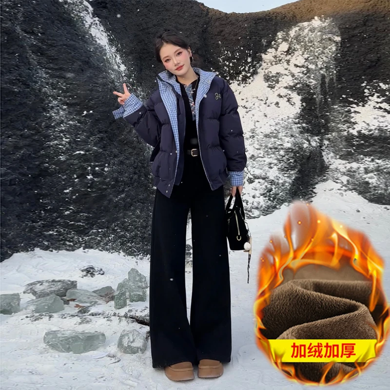 现货+送运费险黑色加绒加厚2024窄版阔腿牛仔裤女