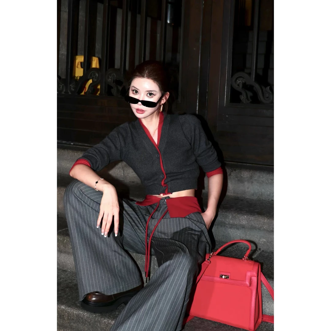 婉君【撞红开衫】美式假两件辣妹修身针织开衫外套LWJ24C3C1626