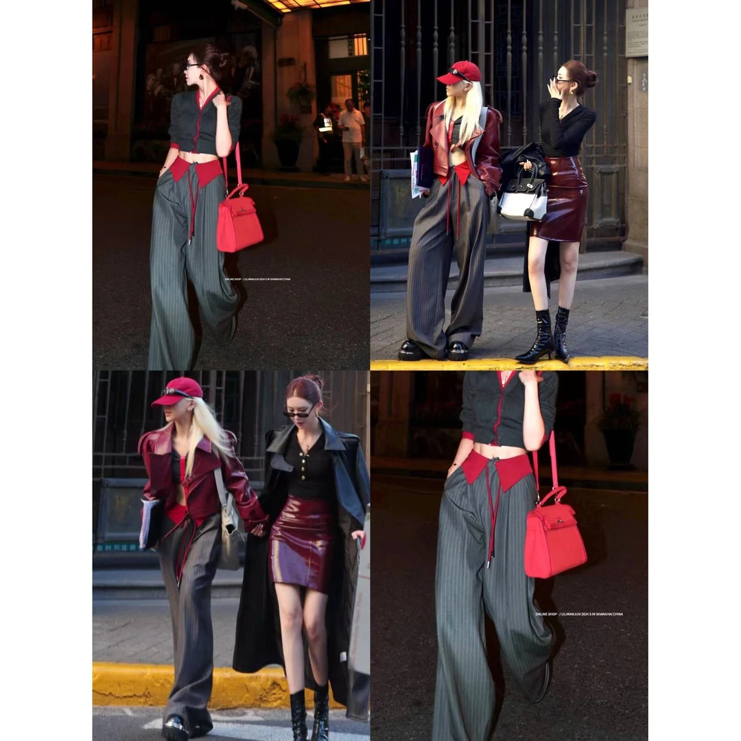 婉君【红翻头裤】秋季复古条纹垂感拼接休闲阔腿裤LWJ24C3K1554