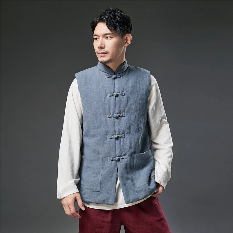 秋冬纯色夹棉立领马甲男士中国风外穿无袖开衫坎肩MF-银扣棉马甲