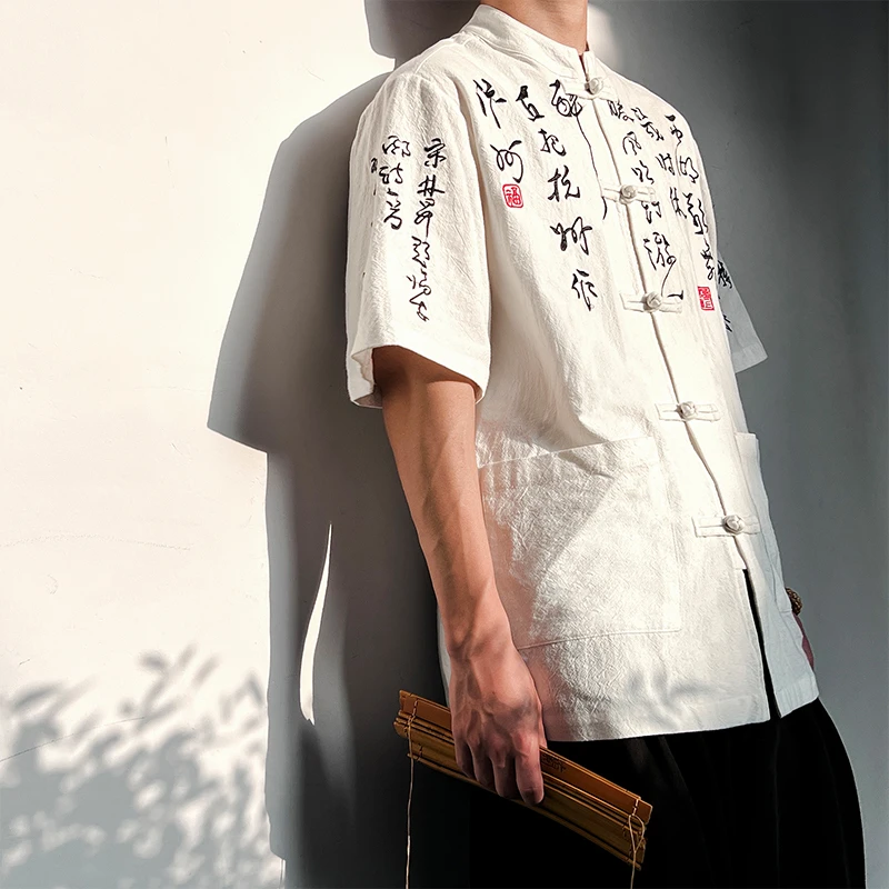 中国风纯棉短袖衬衫男式复古立领上衣夏季休闲文艺衬衣A021-T2881