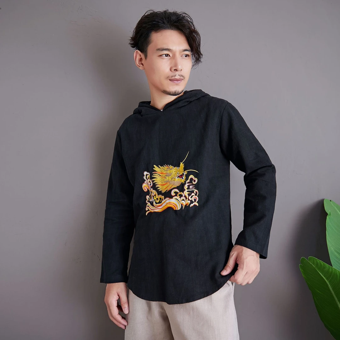 中国风休闲刺绣卫衣男式复古连帽长袖套头上衣服MF-绣龙精灵衣