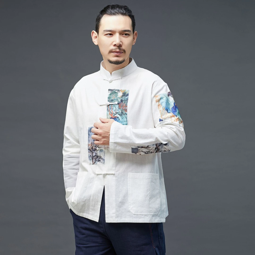 中国风衬衫男式春夏棉麻薄款盘扣开衫MF-补块对襟衣