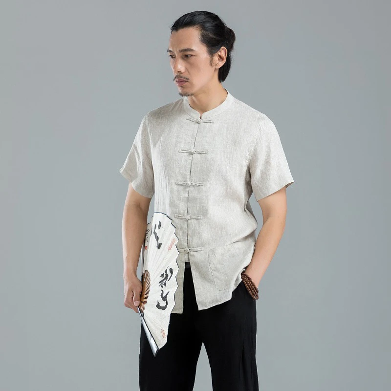 中国风纯亚麻短袖衬衫男式夏季立领宽松上衣唐装复古盘扣ML-663