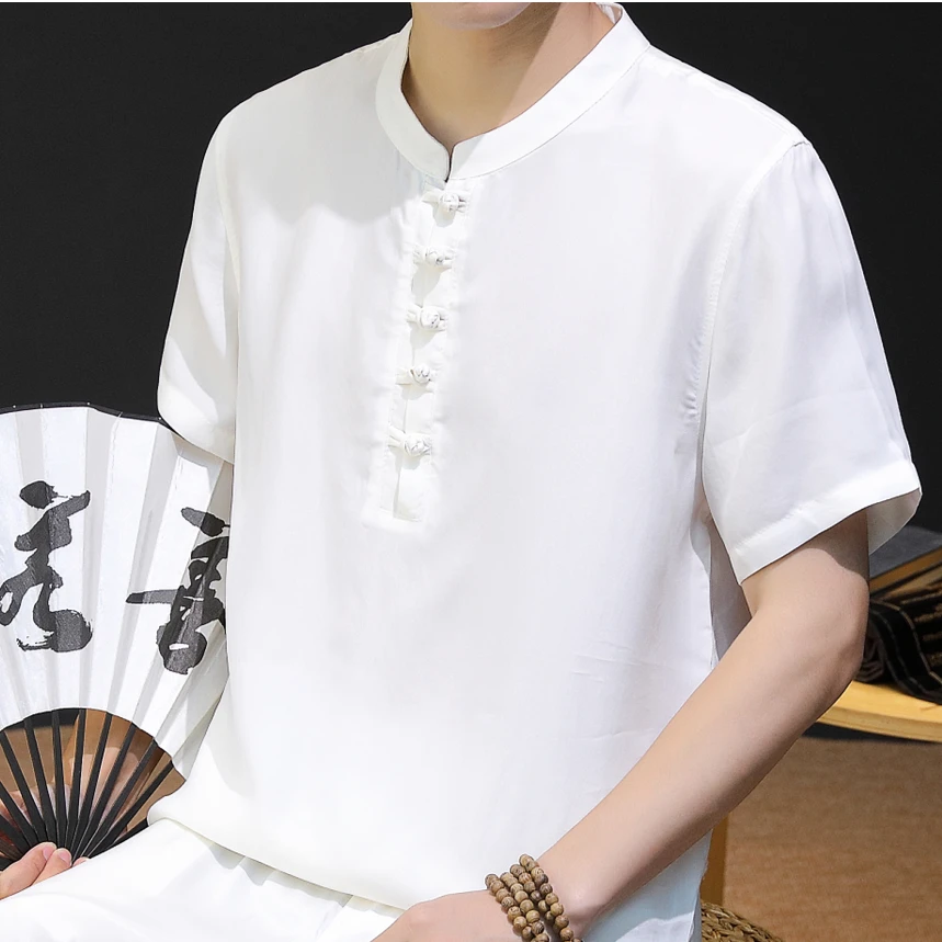 铜氨丝盘扣夏季冰丝轻薄短袖套头T恤699