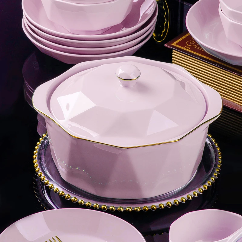 巨尚粉色钻石大汤煲1个+大汤勺1个景德镇家用陶瓷餐具欧式大容量