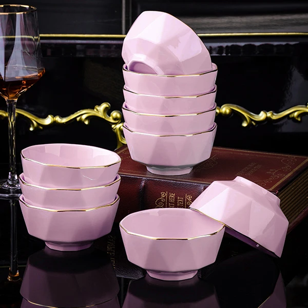 粉色钻石5英寸饭碗10个装景德镇家用陶瓷碗盘欧式省钱风餐具防烫