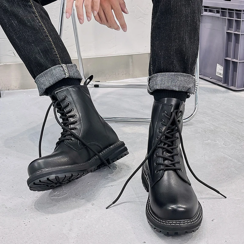 真皮马丁靴男ins英伦风春季机车帅气潮流工装透气黑色中高帮皮鞋