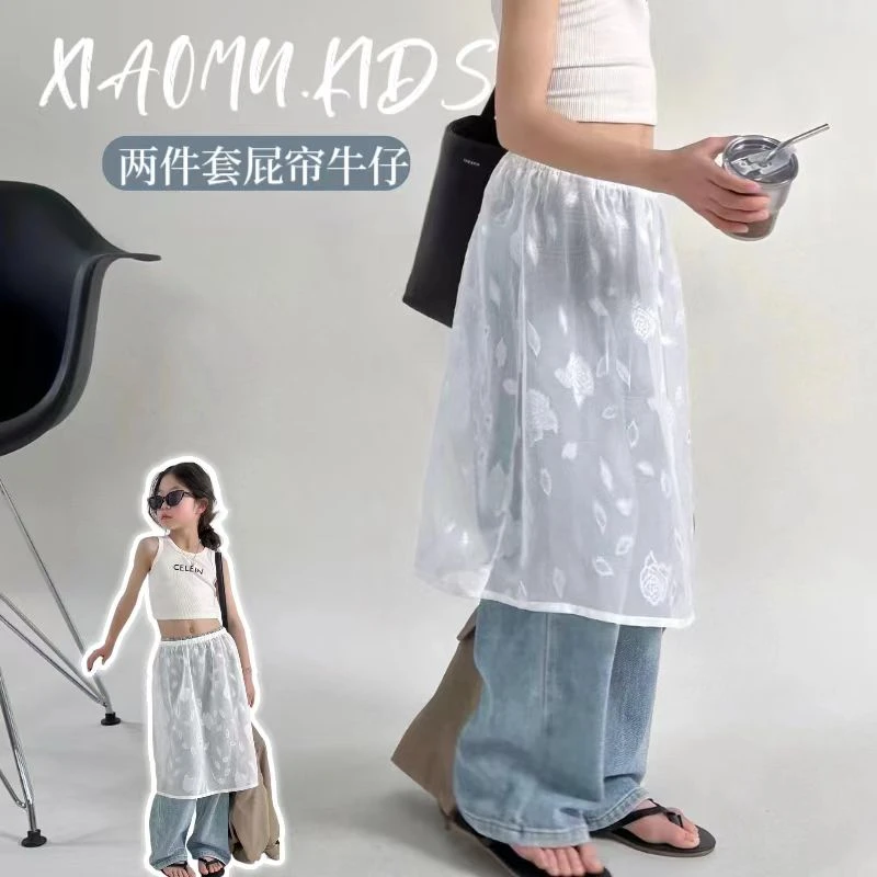 爱木橦6931春季新款白色宽松时尚蕾丝女童牛仔裤女童百搭休闲裤