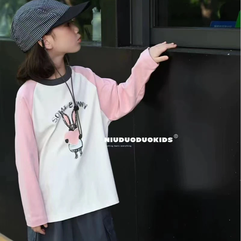 【小慕家】2024秋款女童时尚印花长袖休闲圆领撞色卡通潮流T恤63602