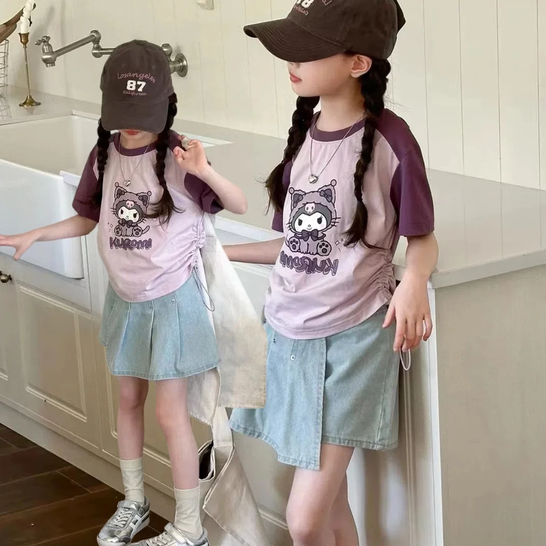 【小慕家】夏季新款53361女童时尚休闲撞色百搭短袖库洛米紫色半袖T