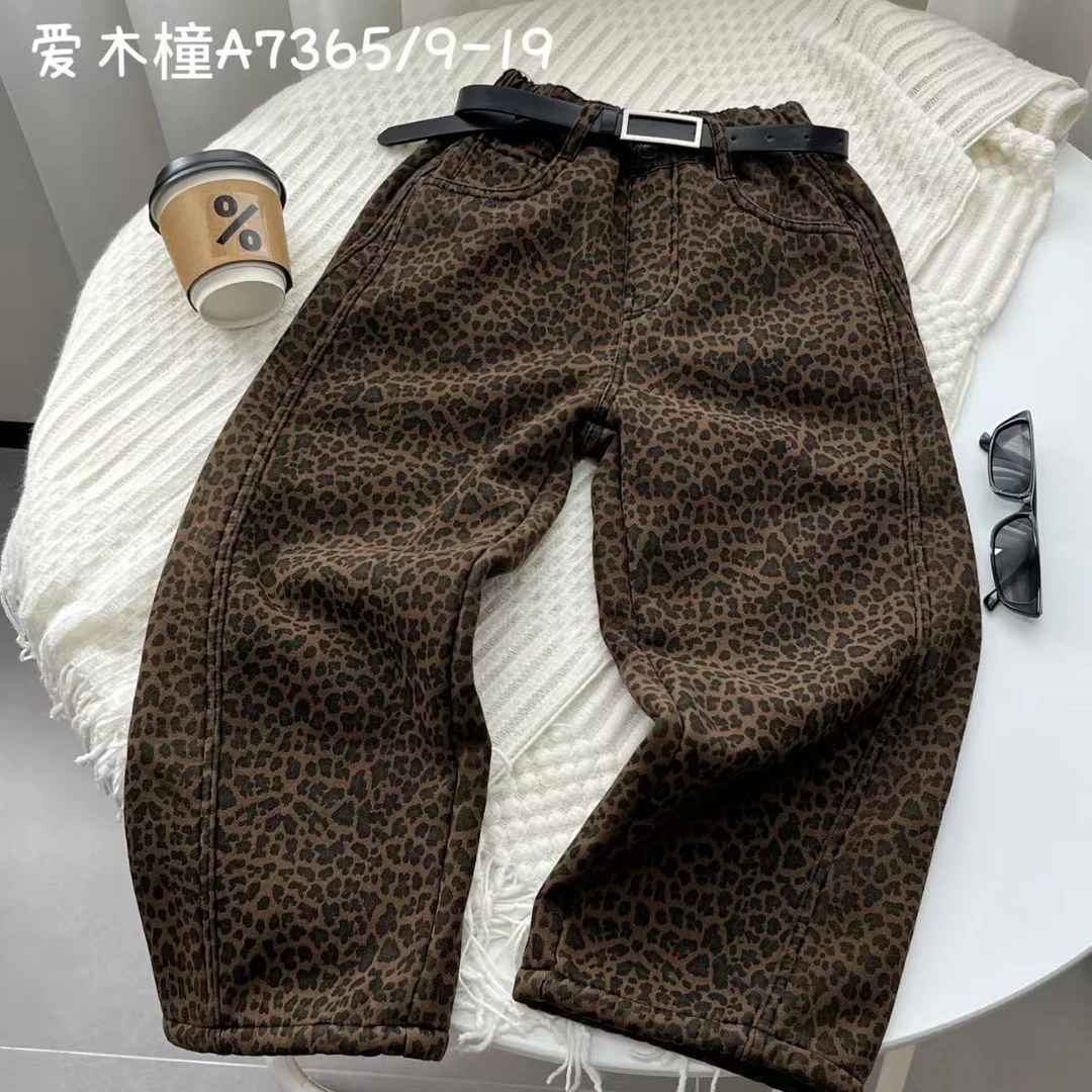 【小慕家】2024冬款儿童时尚洋气加厚一体绒休闲韩版豹纹长裤7365