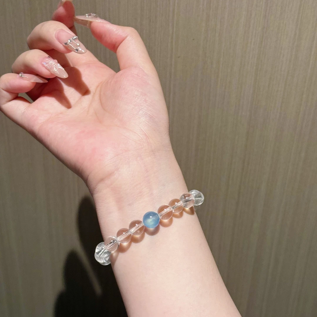 原创Amor设计款赵露思同款天然双A级白水晶全净体海蓝宝手串8mm+