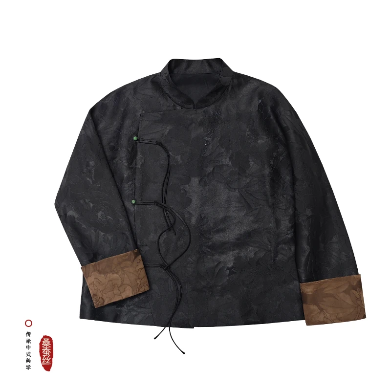 【黑底牡丹中式上衣-WQ021】香云纱中式拼接袖外套儒雅大气中国风