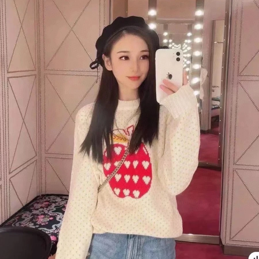 全新未使用 GUCCI/古驰 苹果图案提花女士套头时尚针织打底毛衣