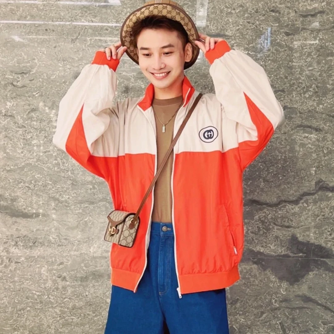 全新未使用 GUCCI/古驰 橘色拼色logo图案男女同款运动夹克外套