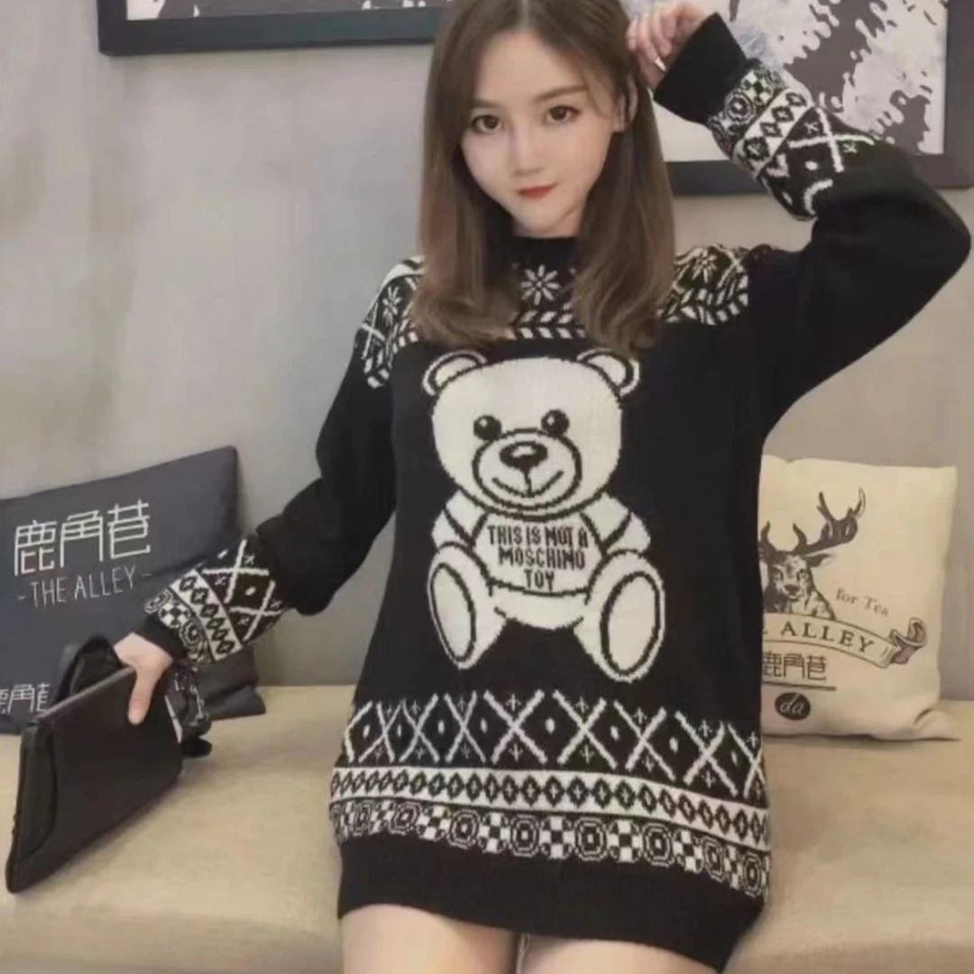 全新未使用 MOSCHINO 小熊图案黑色印花毛衣女款长款针织连衣裙