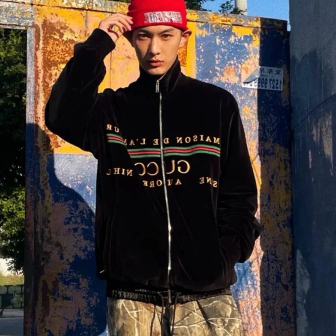 全新未使用 GUCCI/古驰 男士丝绒秀款夹克外套鹿晗同款黑色休闲