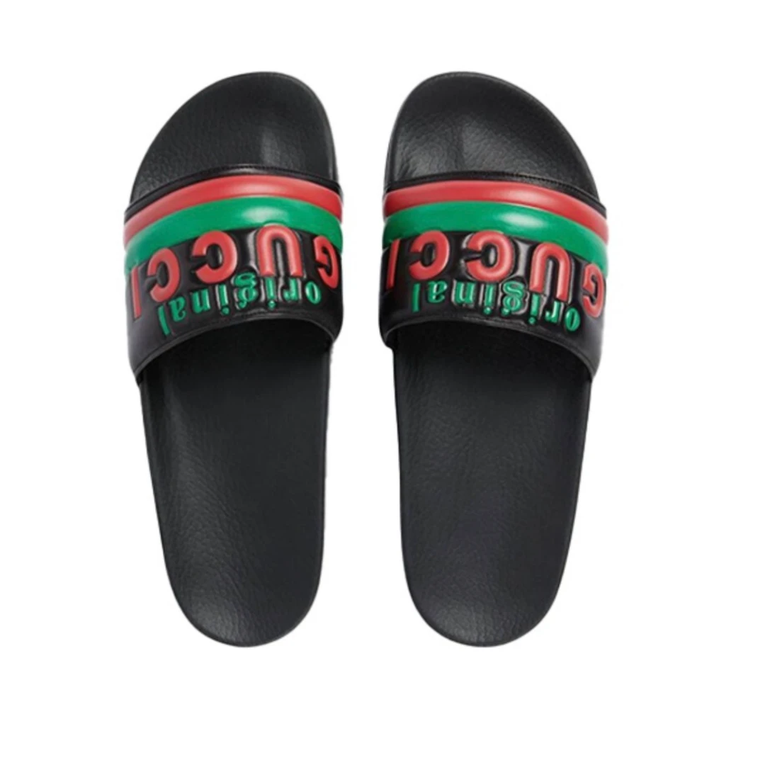 全新未使用 GUCCI/古驰 男女同款经典字母logo休闲时尚条纹拖鞋
